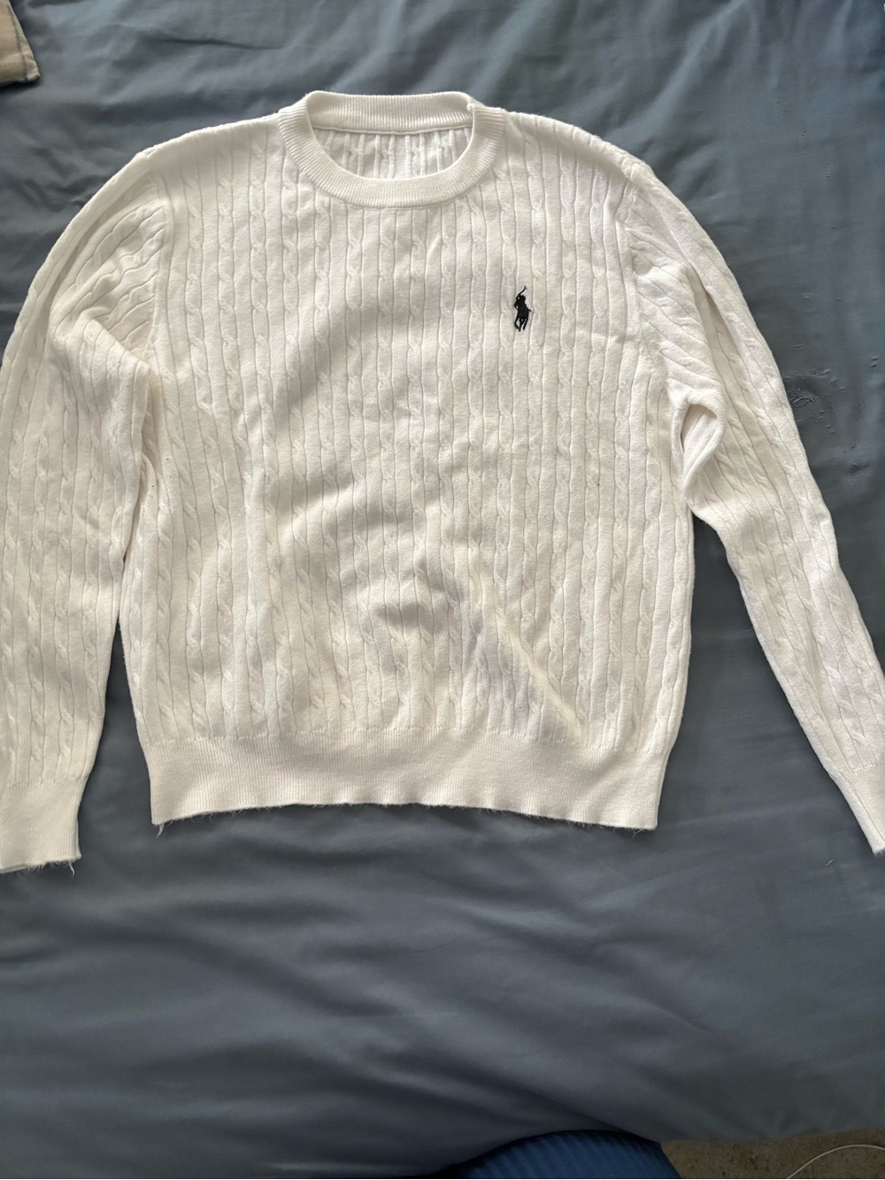 White Cable-Knit Crewneck Sweater with Pony